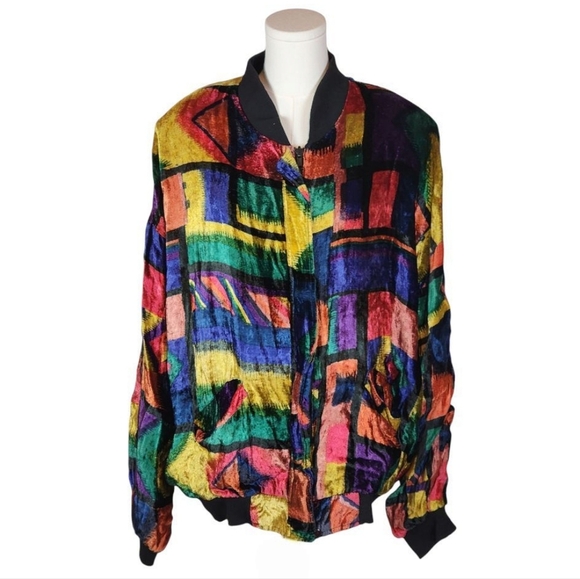 Vintage Effeci Colorful Velvet Bomber Jacket Abstract Print Zip M 80s 90s - Picture 1 of 7